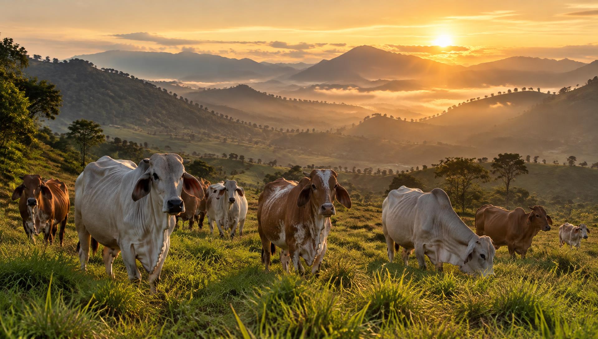 Ganado cebú pastando en las montañas de Colombia al amanecer