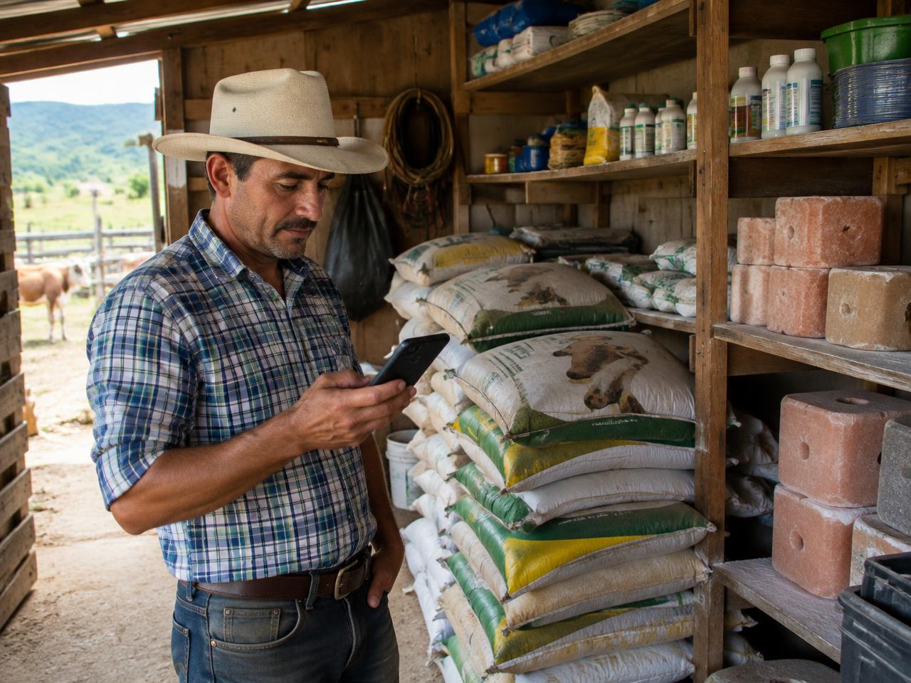 Ganadero revisando inventario de insumos en el celular
