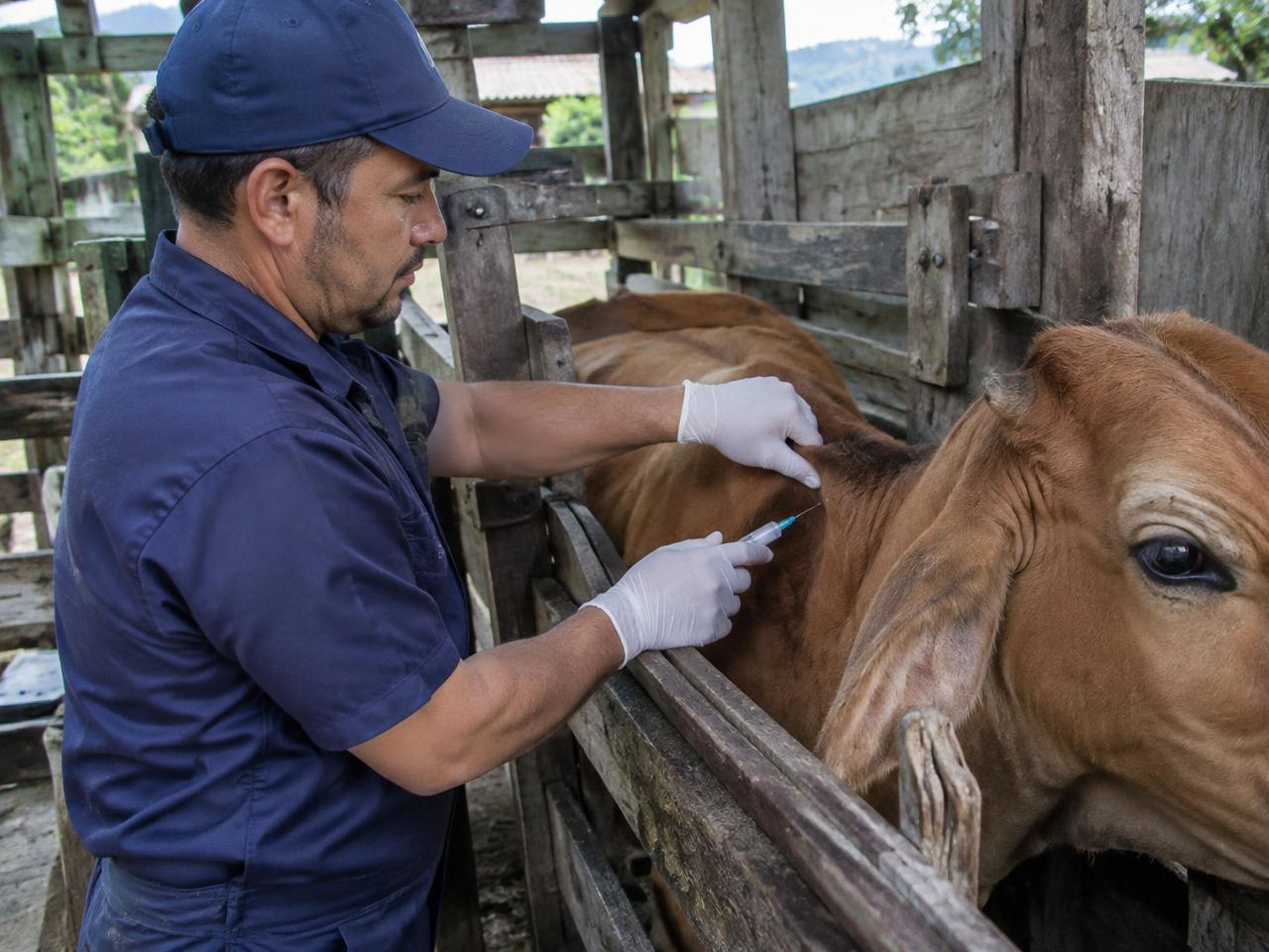 Veterinario vacunando una vaca en el brete